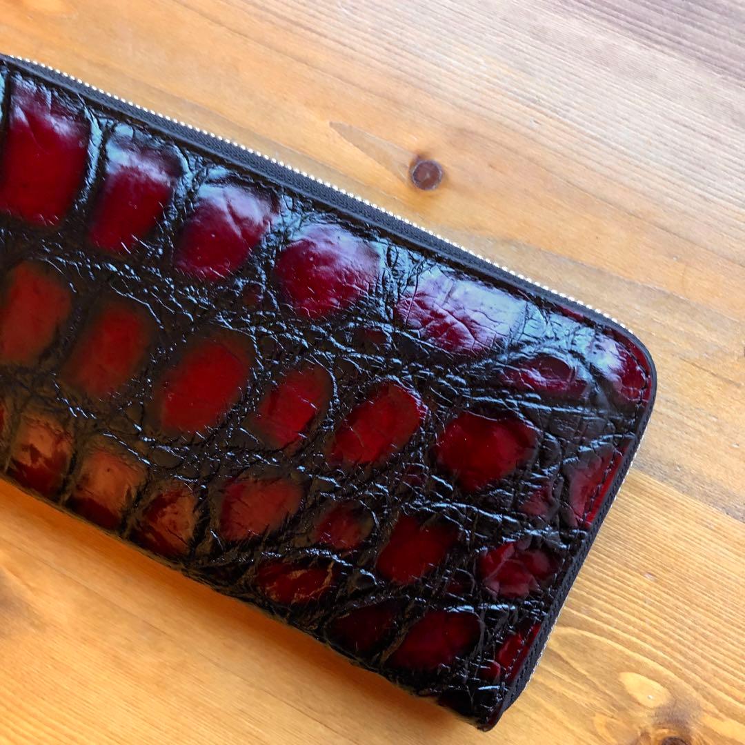 クロコダイル 長財布 高級 一枚革メンズ レディース　赤レッド ブランド