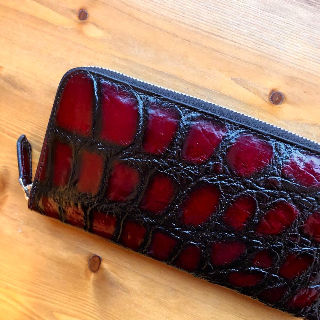 クロコダイル 長財布 高級 一枚革メンズ レディース　赤レッド ブランド