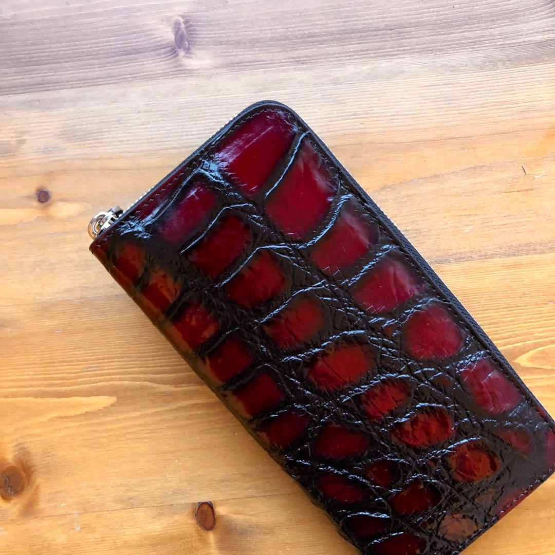 クロコダイル 長財布 高級 一枚革メンズ レディース　赤レッド ブランド