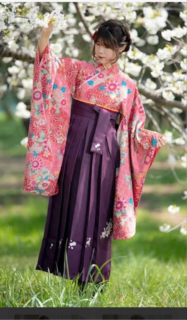 花柄 袴スタイル 着物 ピンク紫　刺繍入り半衿付き半襦袢