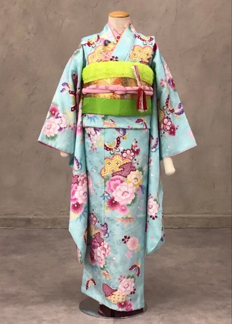 七五三 ７歳　水色花柄着物　髪飾り〜草履セットほぼフルセット