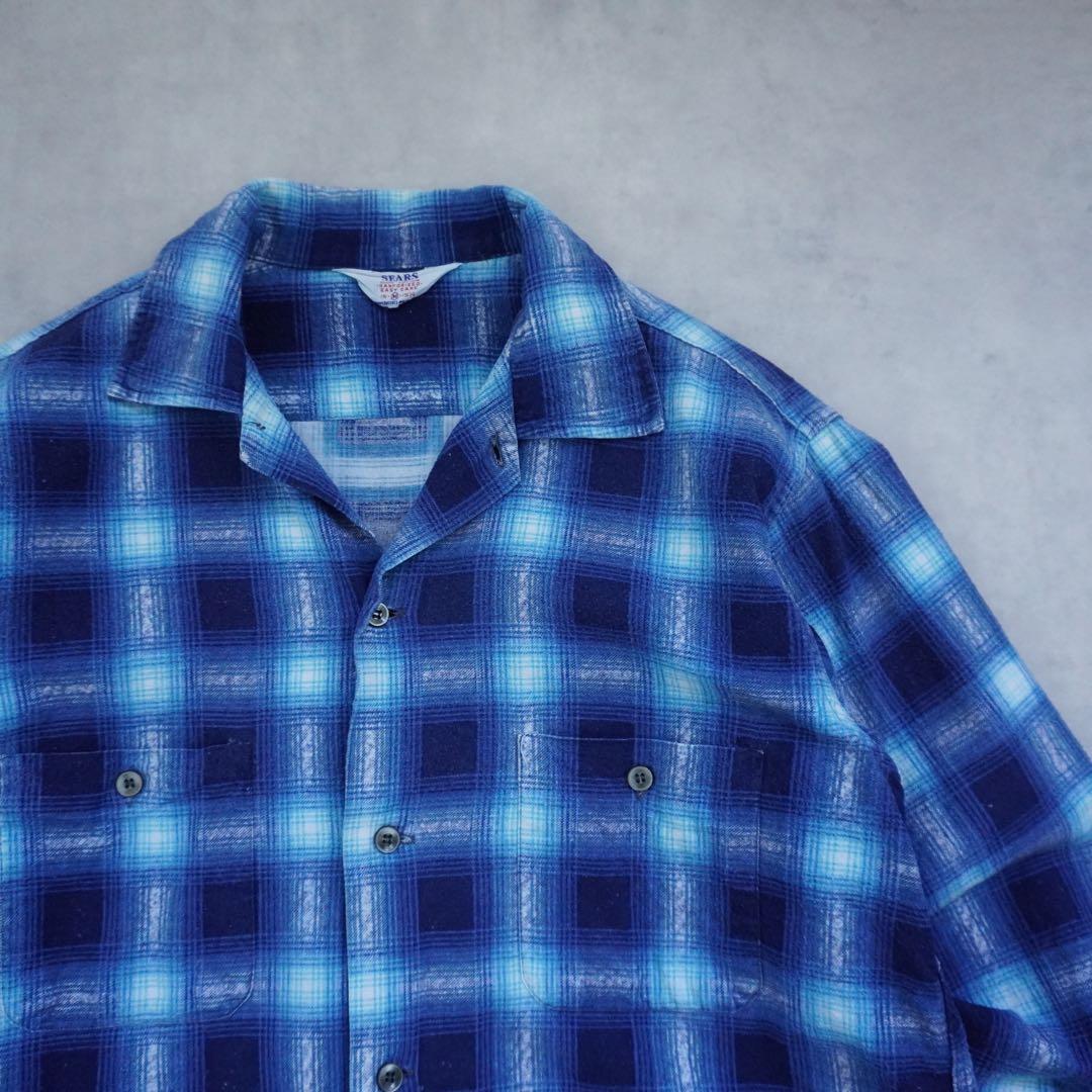 【60s】searsシアーズ プリントネルシャツ ブルー M vintage