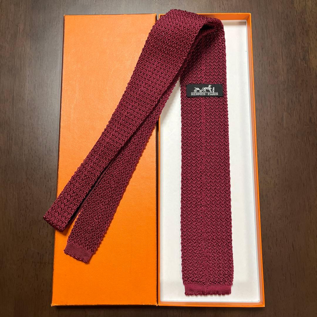 美品　エルメス　ネクタイ　赤紫　H柄 無地　ニットタイ　シルク