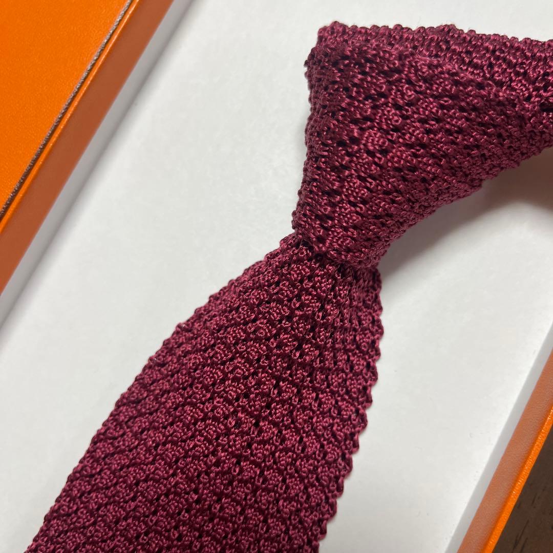 美品　エルメス　ネクタイ　赤紫　H柄 無地　ニットタイ　シルク