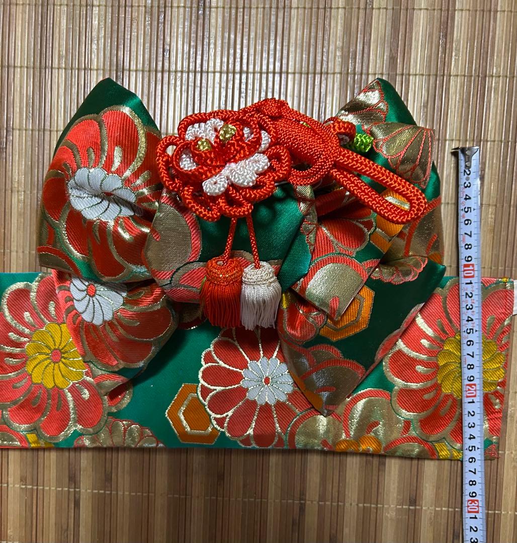 【美品日本製】 七五三(3歳、7歳) 豪華3点セット着物＋長襦袢＋帯　赤オレンジ