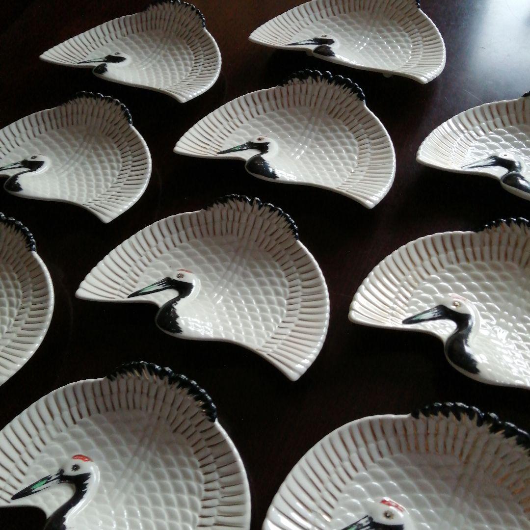 京焼　鶴形扇皿　10枚　20cm　大正～昭和初期
