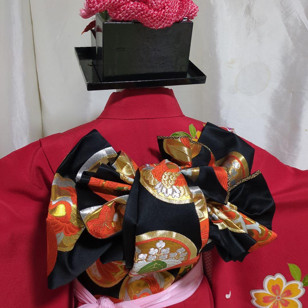 七五三　７歳女の子用 赤色花柄 正絹着物 　簪セット付き