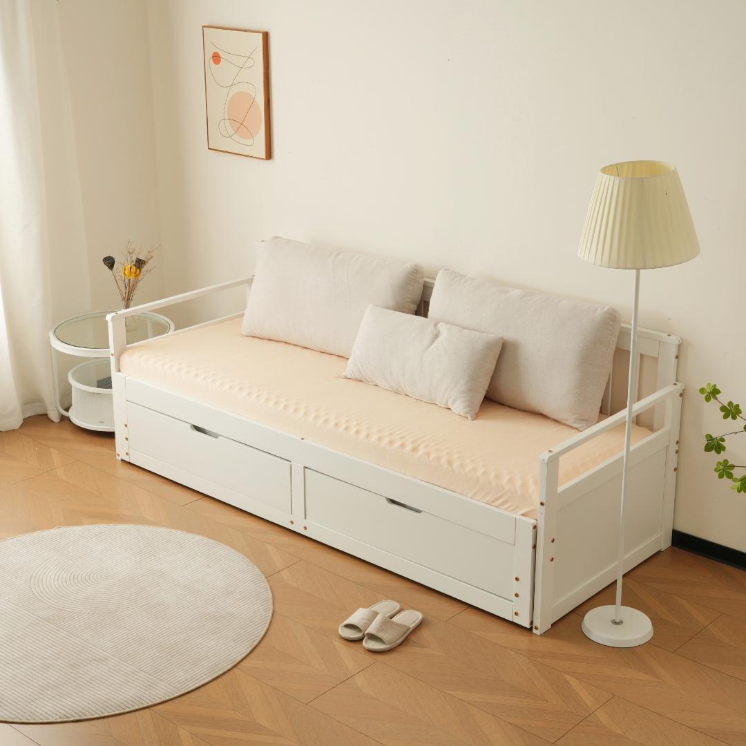 赤字価格！！伸長式ソファベッド引き出し付き 収納付き 天然木　WHITE