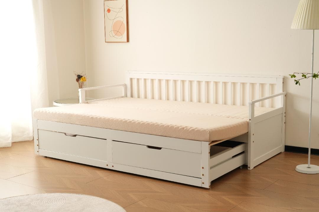 赤字価格！！伸長式ソファベッド引き出し付き 収納付き 天然木　WHITE