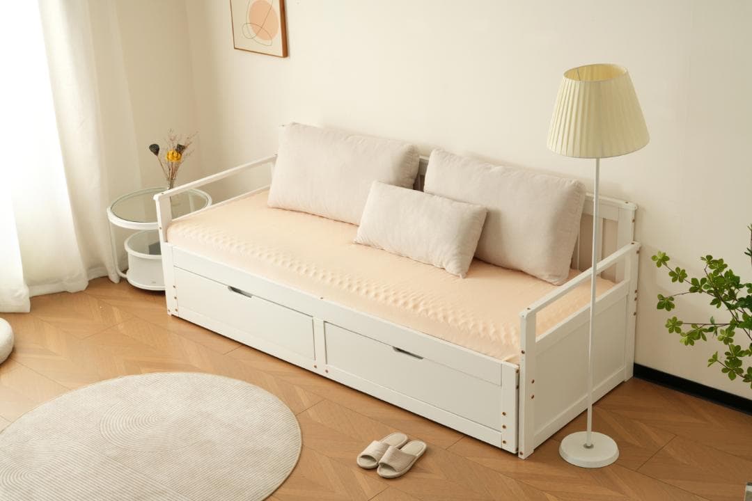 赤字価格！！伸長式ソファベッド引き出し付き 収納付き 天然木　WHITE