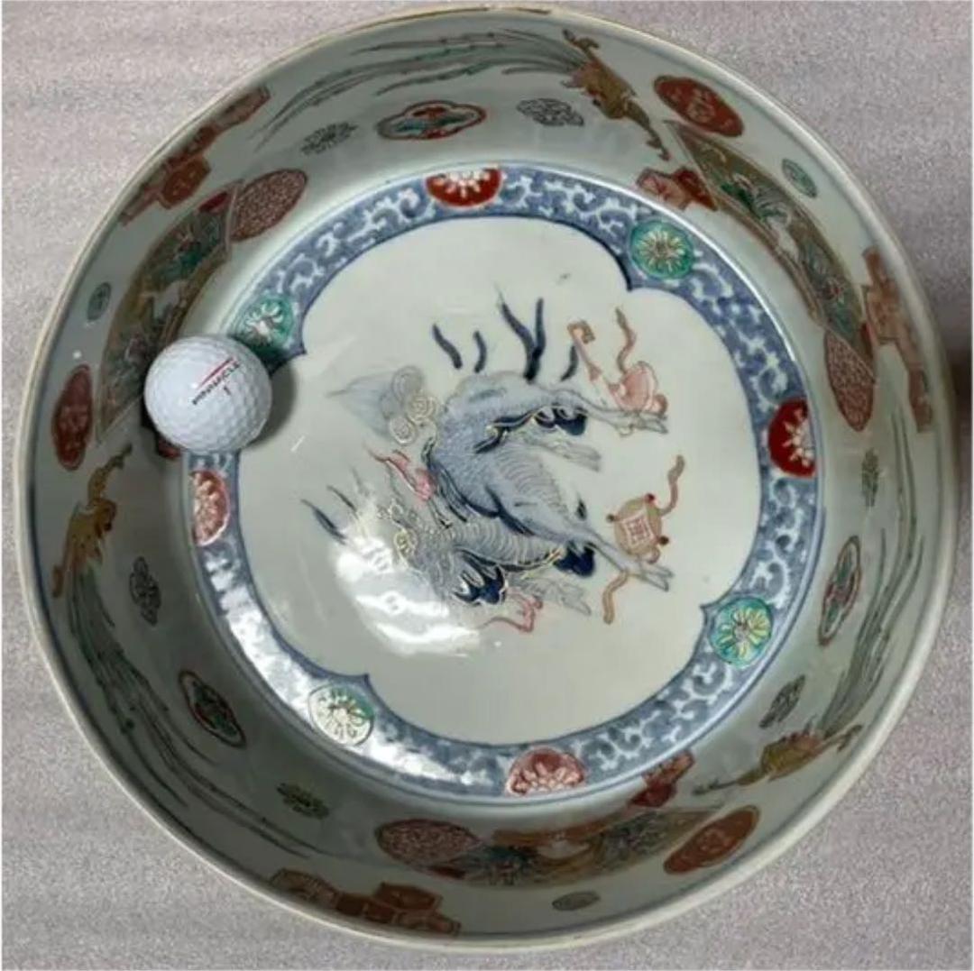 大きな器　【m183 麒麟　鳳凰　窓絵　二重高台　吉祥　染付色絵　平鉢　骨董　】