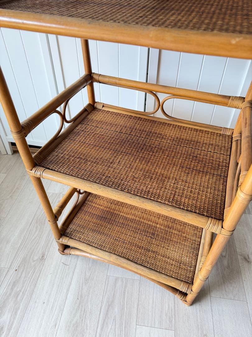 ヴィンテージ ラタンディスプレイラック 付き4段飾り棚 籐家具 収納