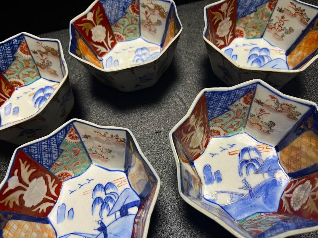古伊万里　色絵　金彩　八角鉢　中鉢　深皿　盛皿　５客