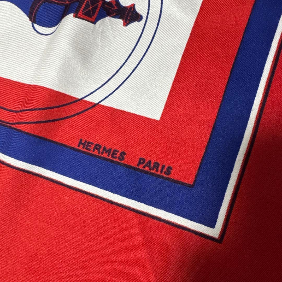 HERMES エルメス スカーフ カレ90 馬車 エクスリブリス レッド ブルー