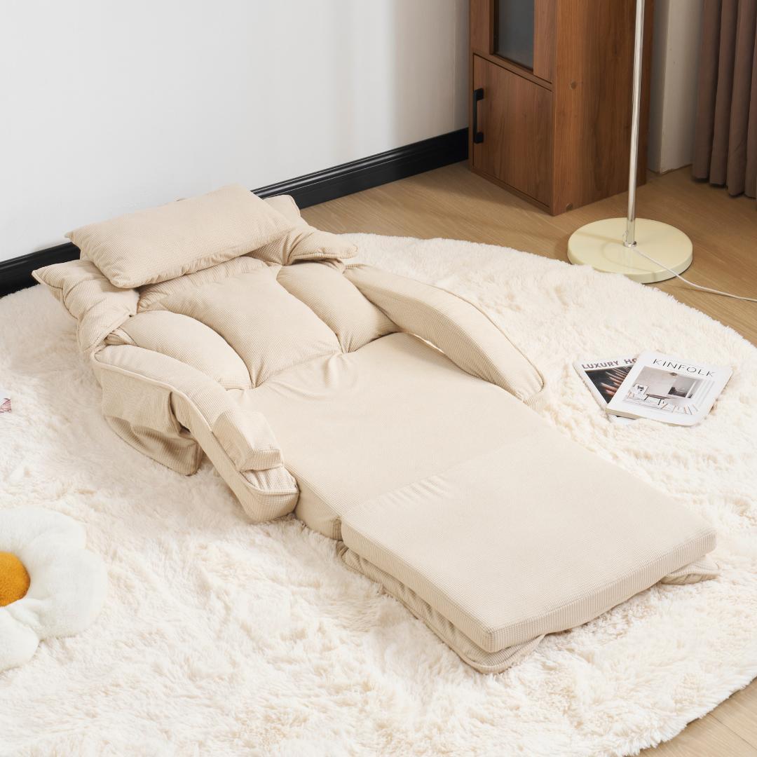 【アイボリー】座椅子 ソファー ソファーベッド 幅165㎝ 枕/収納ポケット付