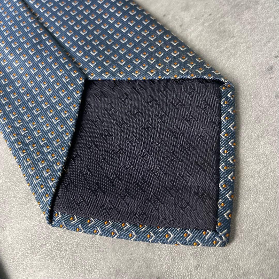美品 HERMES ジャガード 玉虫 スクエアドット柄 ネクタイ ブルーグレー