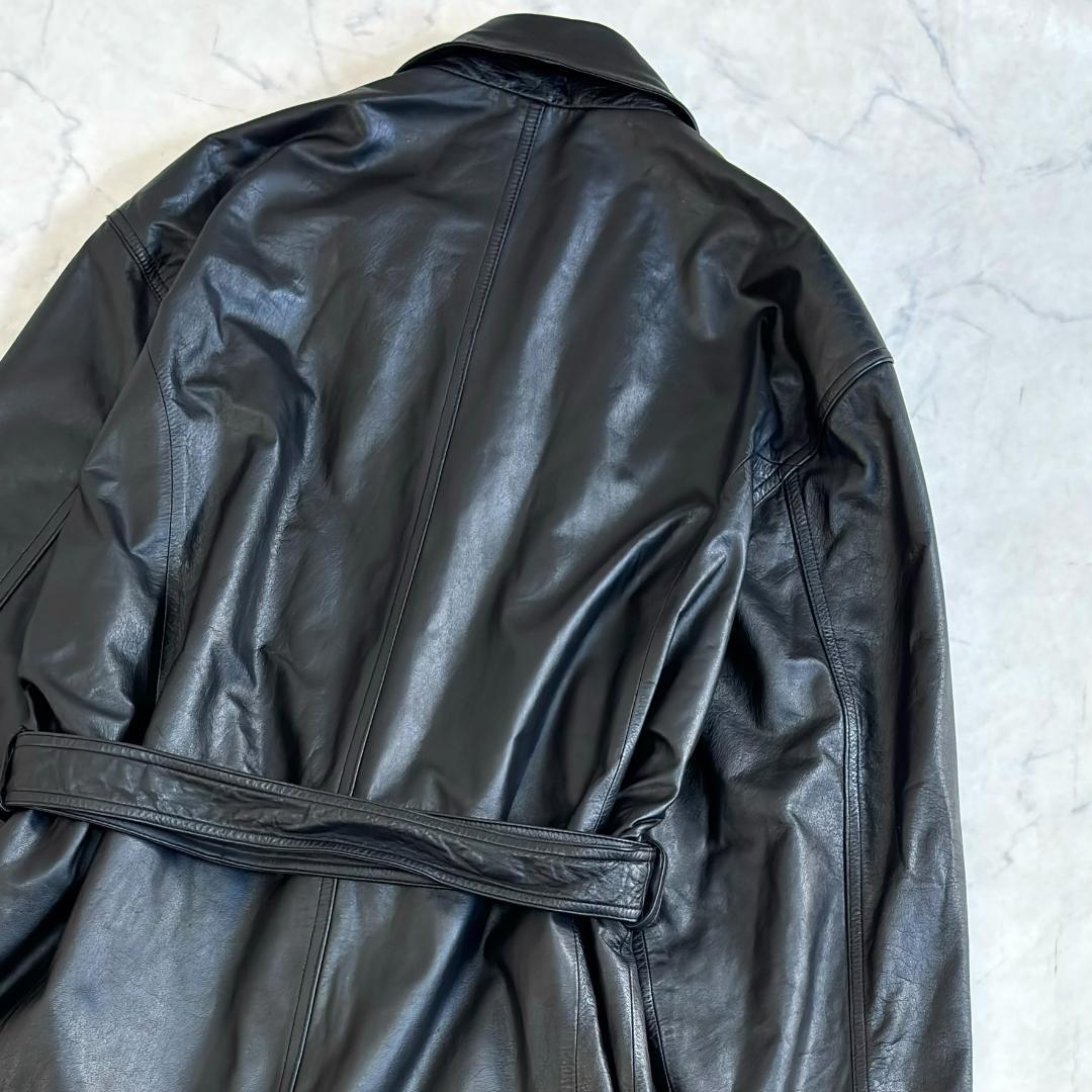 カステルバジャック レザーロングコート ベルテッド 黒 ゆったり XL ts7