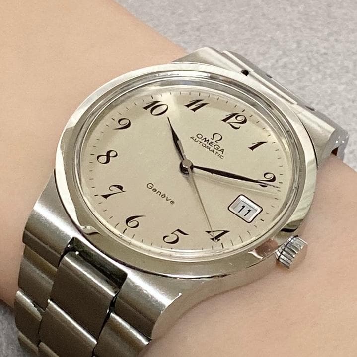 OH済 希少ダイヤル オメガ ジュネーブ アラビアインデックス シルバー AT