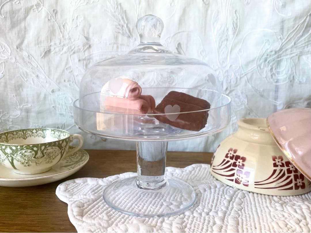 吹きガラスコンポティエ&ドームカバー　フランスアンティーク ケーキスタンドハート