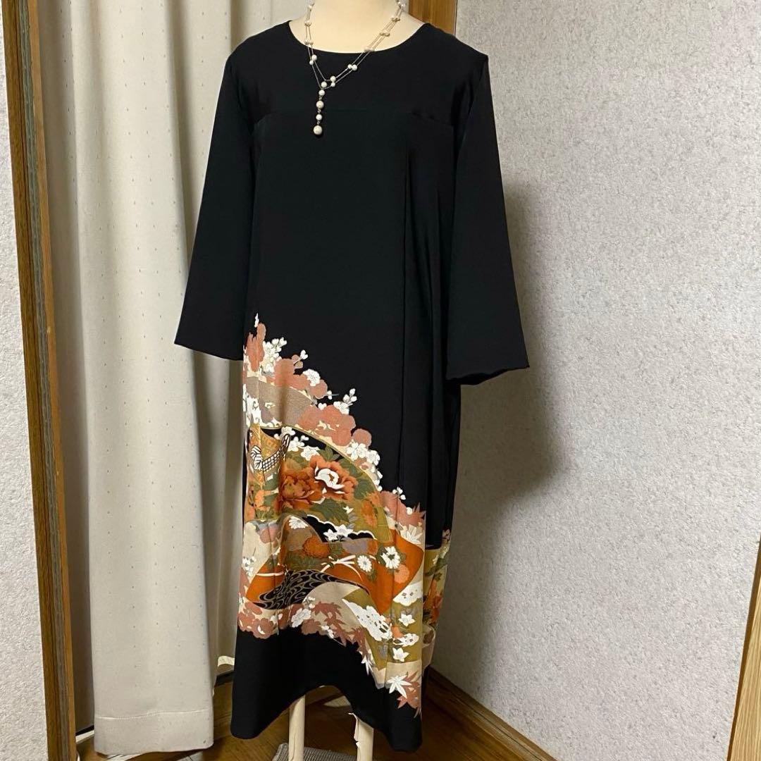 《LL 110cm》 黒留袖リメイク ヨーク切り替え 七分袖 ワンピース