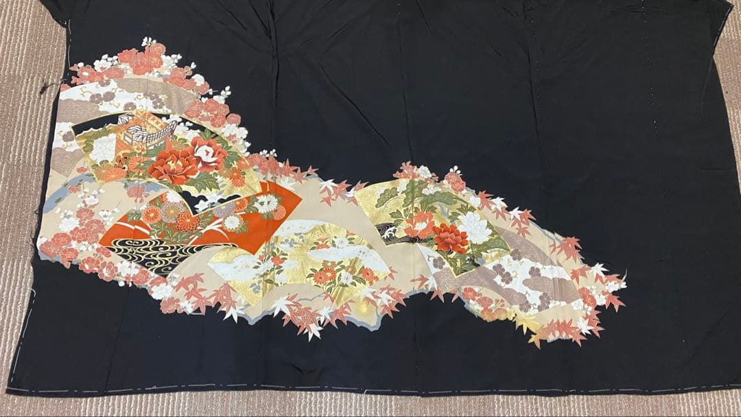 《LL 110cm》 黒留袖リメイク ヨーク切り替え 七分袖 ワンピース