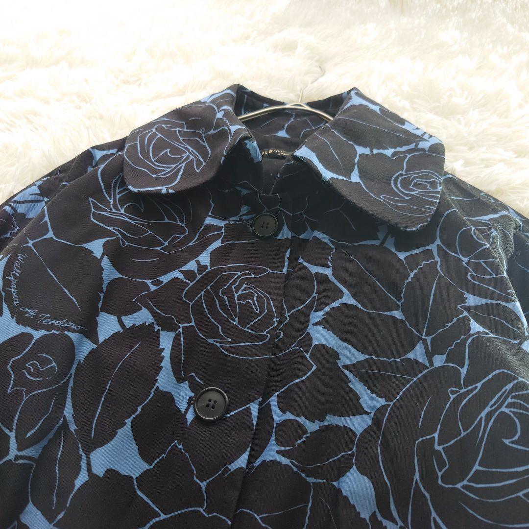 ALBINO TEODORO 黒×ブルー 花柄 イタリア製ステンカラーコート L