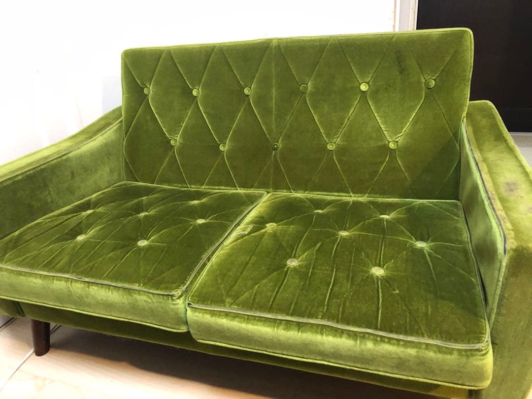 【ジャンク品】カリモク60 ロビーチェア 2シーター モケットグリーン