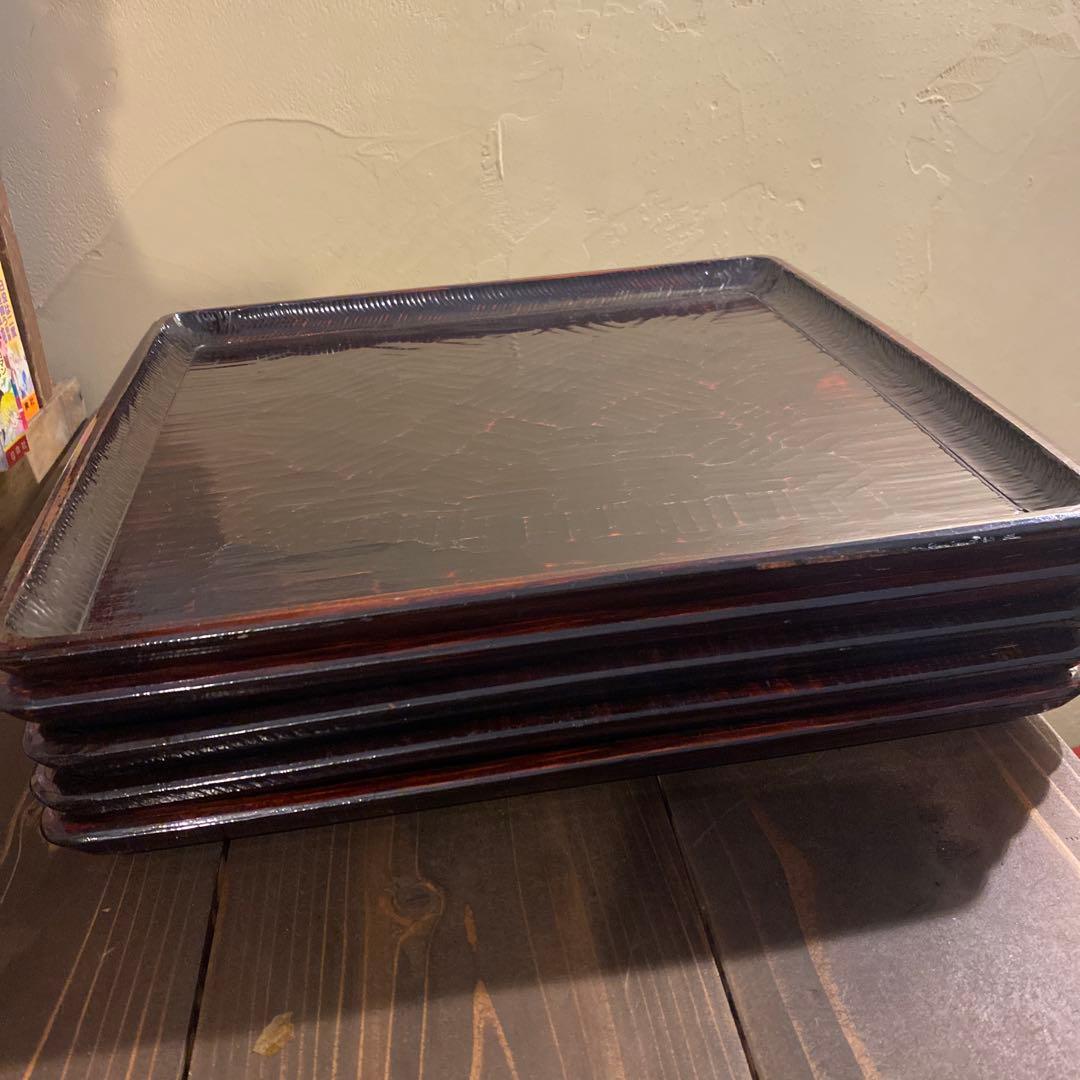 讃岐盆 木製彫刻模様入り正方形 お盆トレー　5つセット