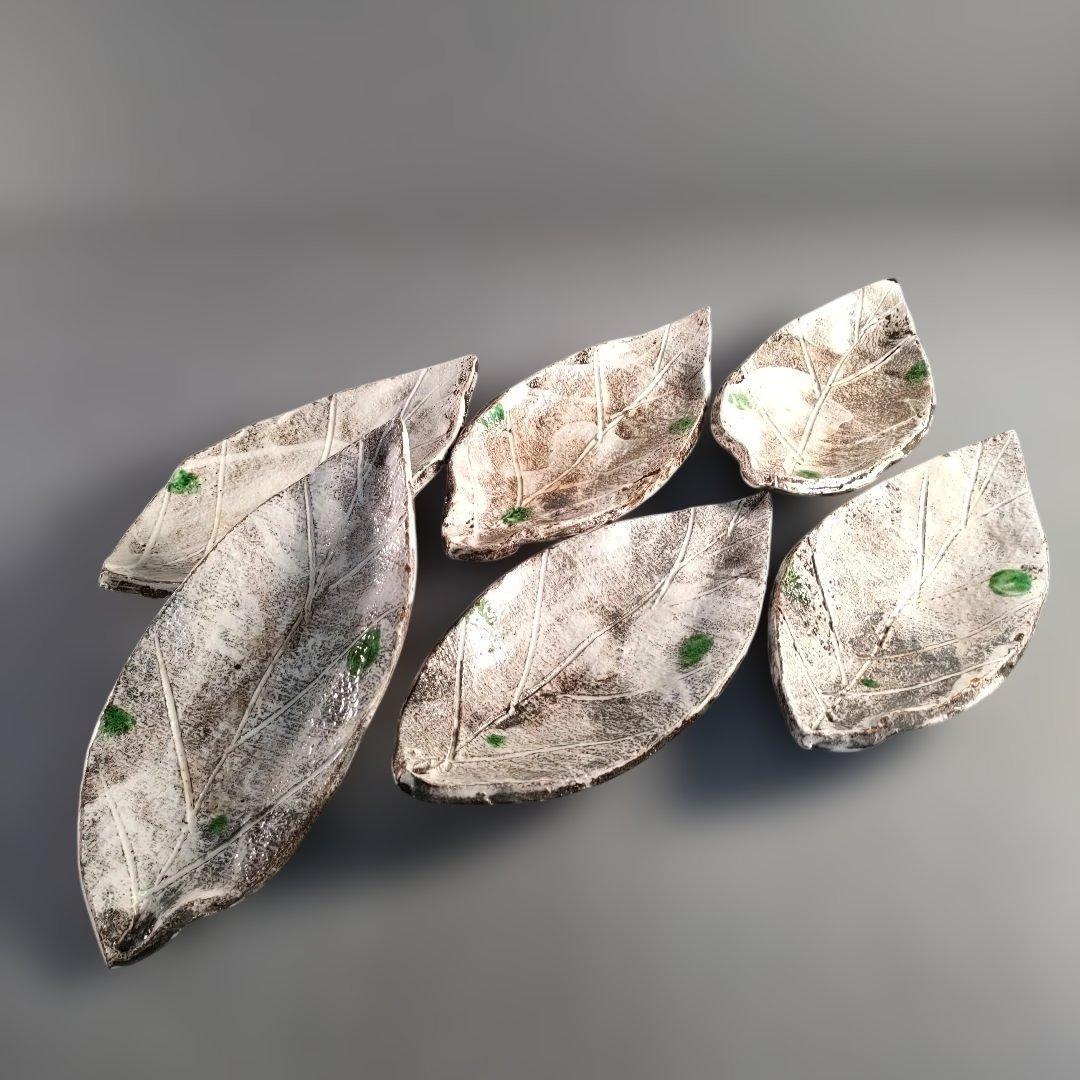 A1389-7/在銘/葉形足付銘々皿6客/向付/飾皿/盛皿/菓子皿/懐石道具/