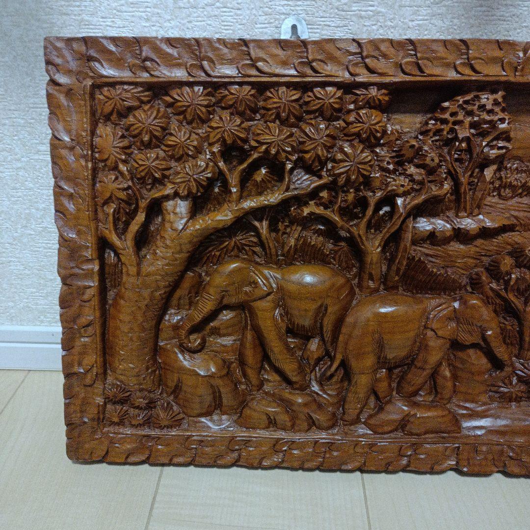 タイ製 手彫り 象 壁掛け木彫アート アジアン 彫刻 雑貨 ヴィンテージ