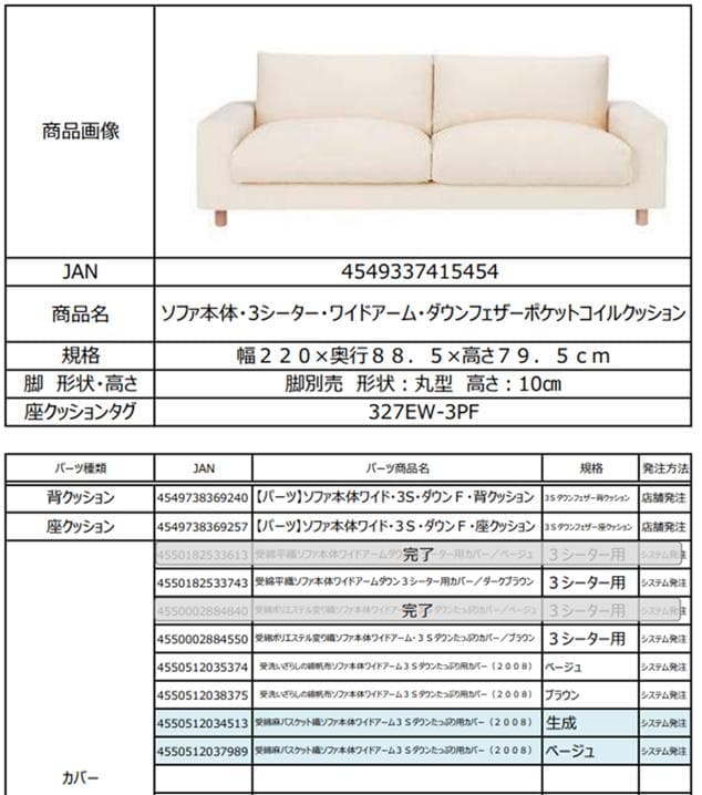 【終売品】無印良品 麻綿平織ソファ ワイドアーム ３シーター 背クッションカバー