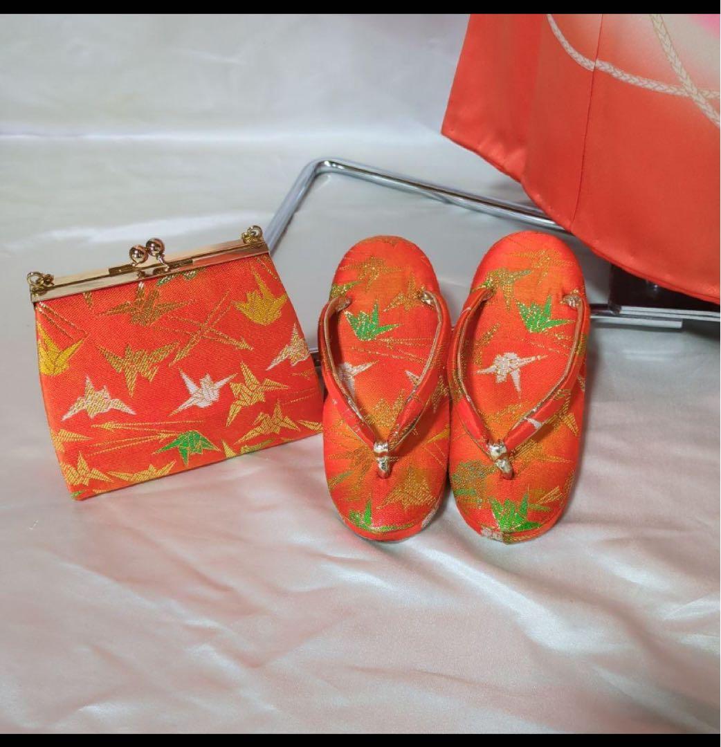 7歳七五三着物 オレンジ色 花柄刺繍付き　全セット