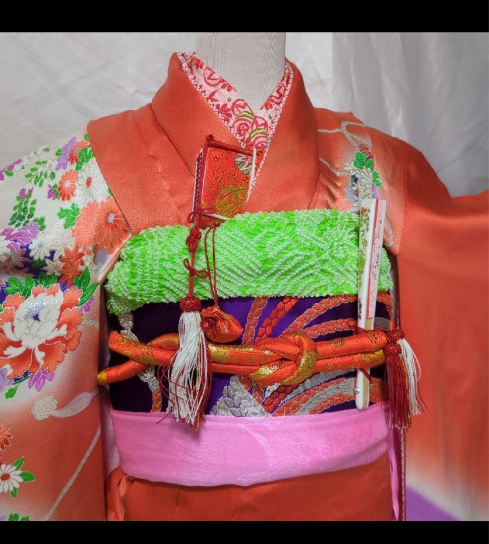 7歳七五三着物 オレンジ色 花柄刺繍付き　全セット