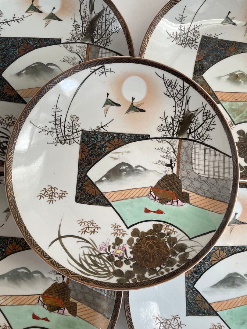 ①明治時代 九谷焼 人物図八寸皿 五客　お皿/大皿/中皿/アンティーク