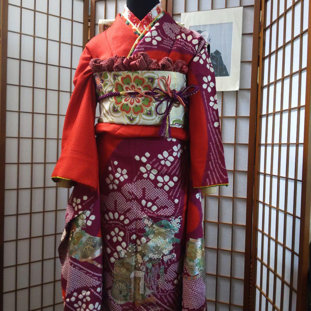 422桂由美　レトロポップ　絞り　赤　螺鈿落款　正絹振袖6点フルセット成人卒業式
