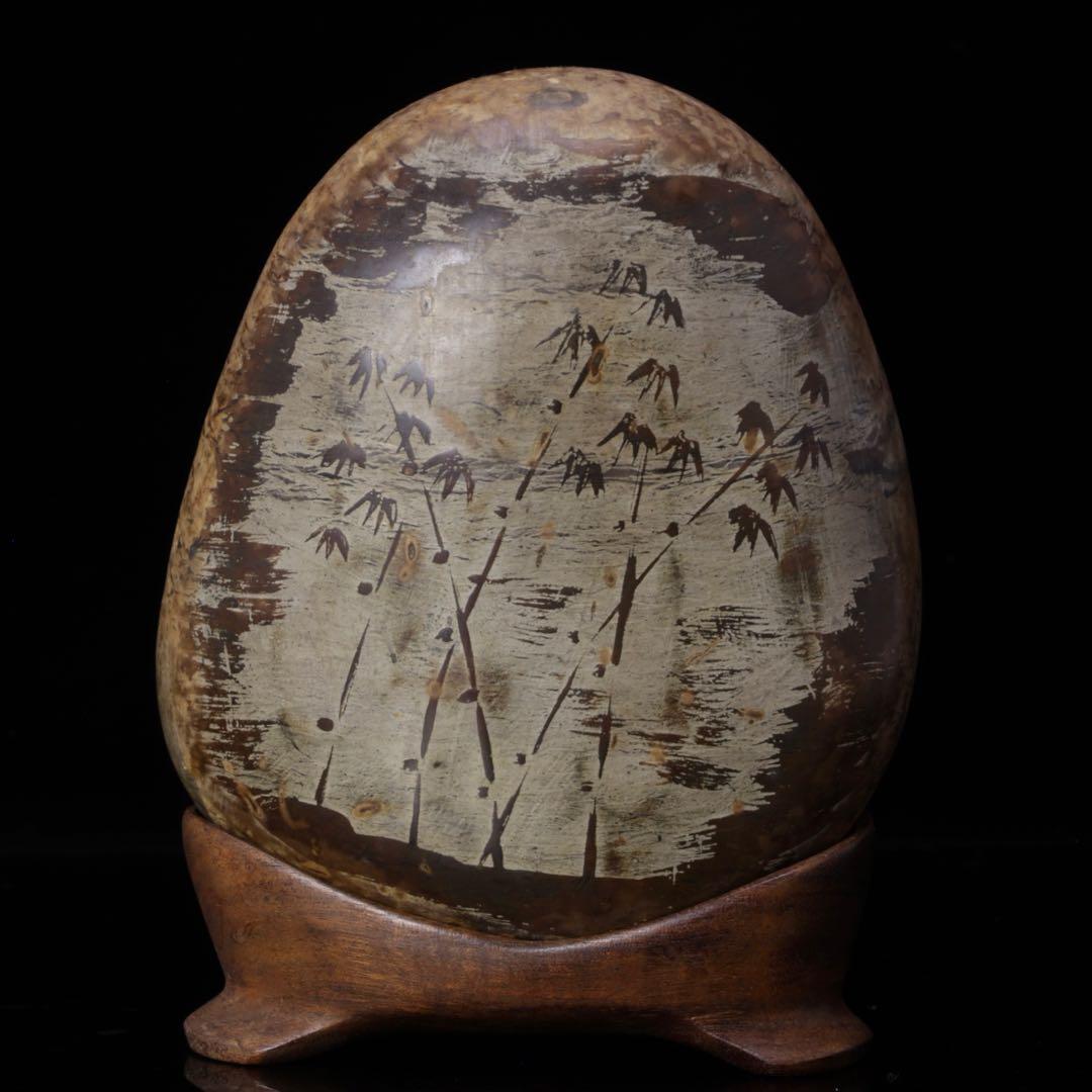 【希少・一点物】竹絵　水石 天然原石 鑑賞石 盆石 台座付　赤玉石　菊花石