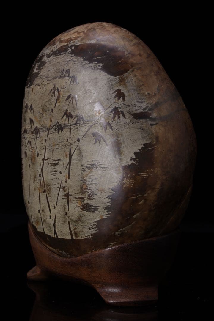 【希少・一点物】竹絵　水石 天然原石 鑑賞石 盆石 台座付　赤玉石　菊花石