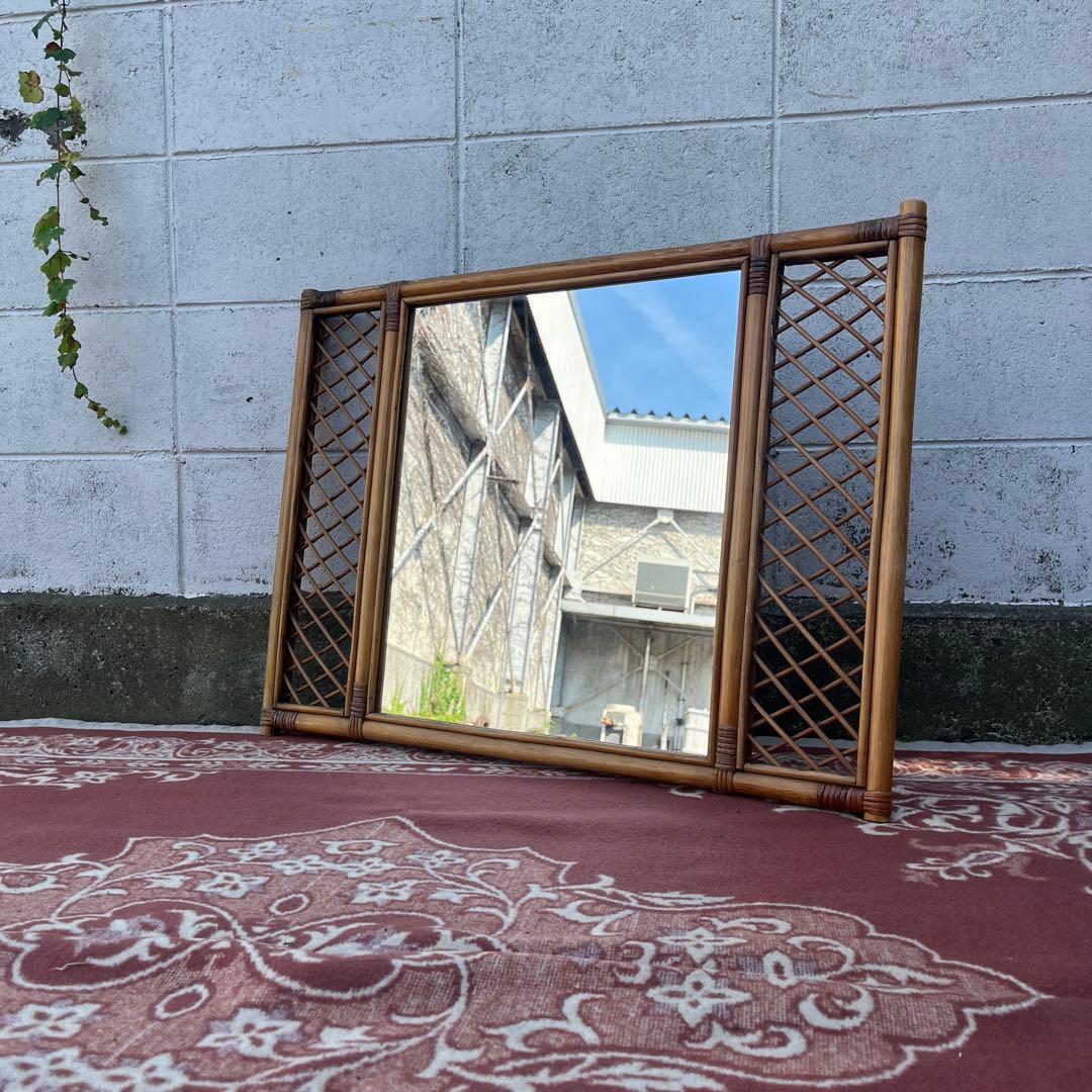 古雑貨ビンテージ品◾️籐ラタンパネル 壁掛けミラー ウォールミラー 鏡