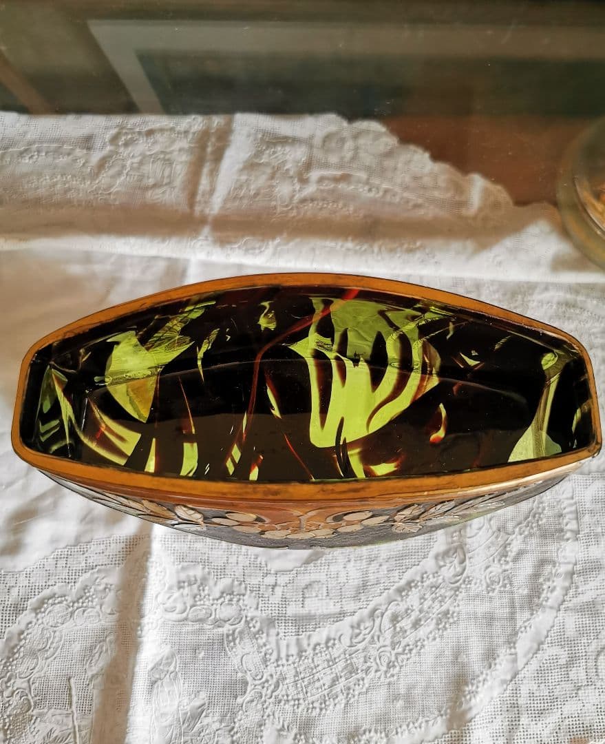 アンティーク ドームナンシー 透明緑ボルドー赤ガラス 葡萄紋金彩装飾器スタンド