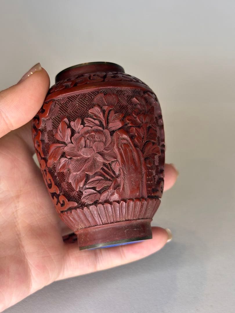民国時代 剔紅 堆朱 壺 茶入 蓋付 彫漆文 時代物 中国古美術