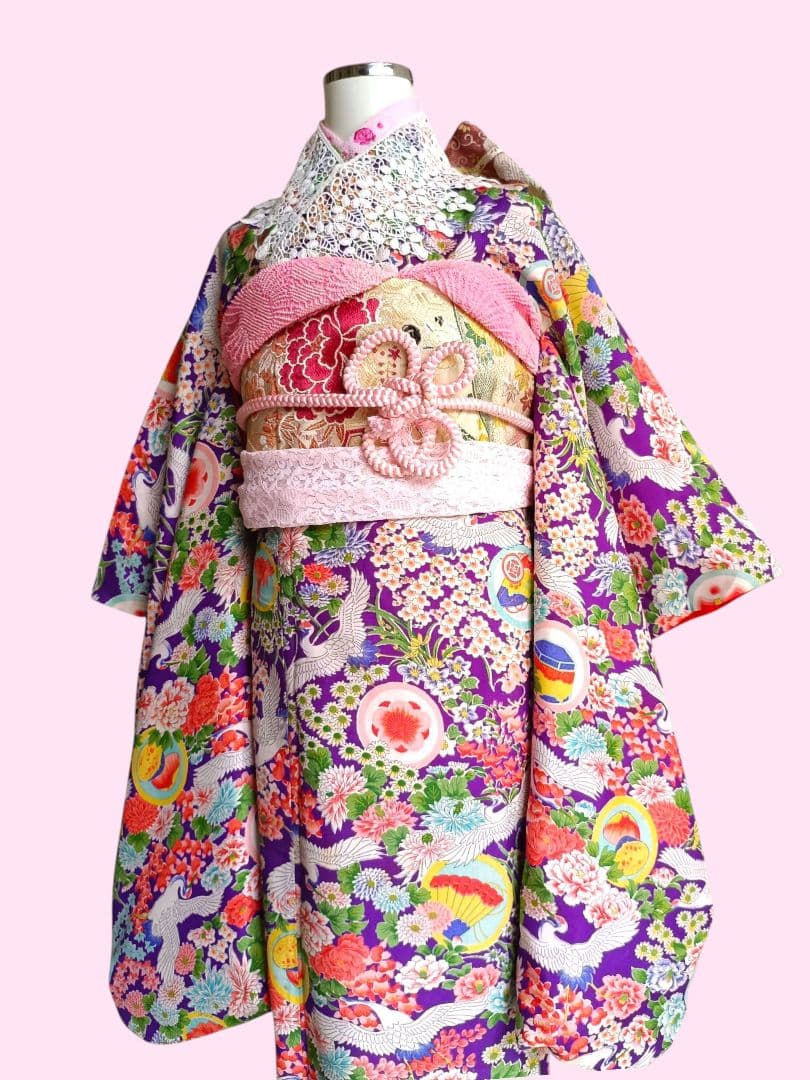 アンティーク紫に飛翔鶴の着物と作り帯のセット