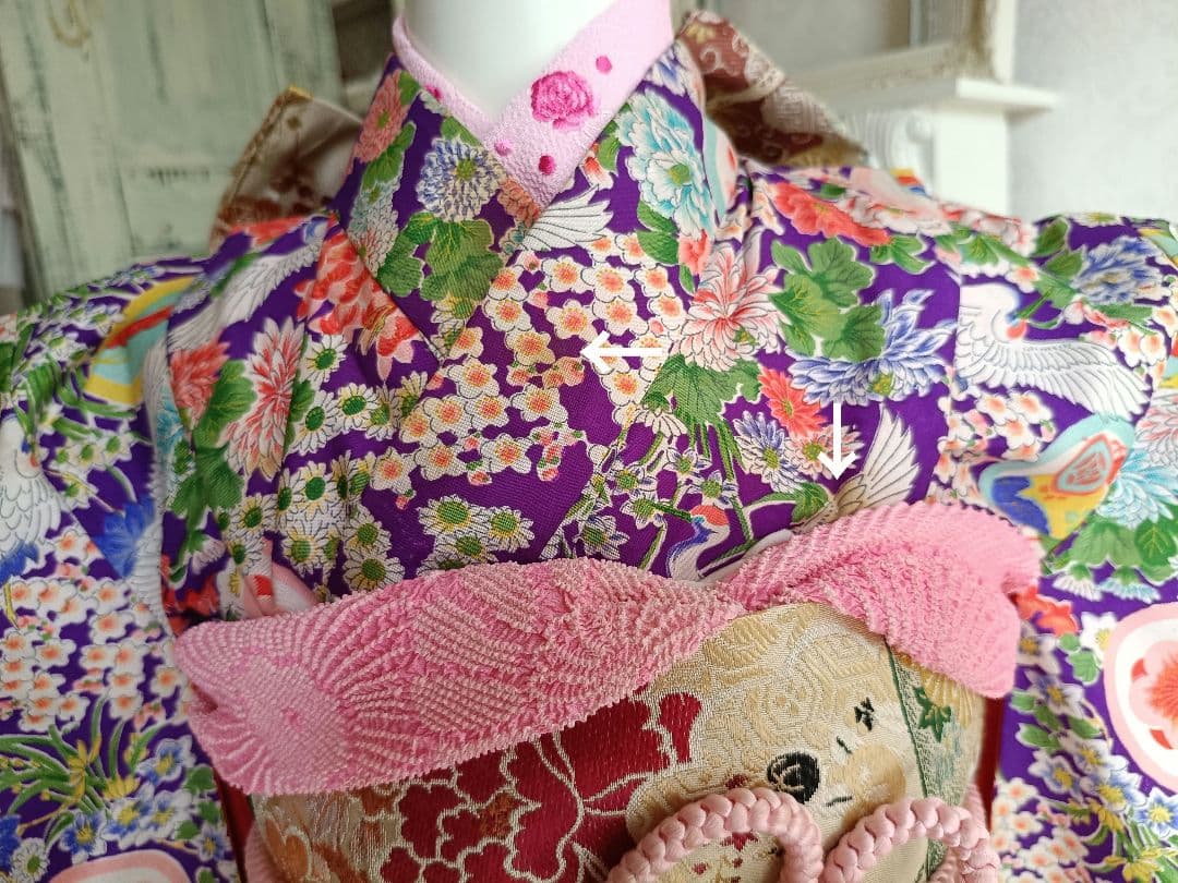 アンティーク紫に飛翔鶴の着物と作り帯のセット