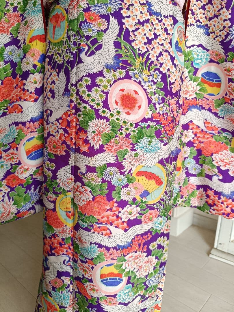 アンティーク紫に飛翔鶴の着物と作り帯のセット