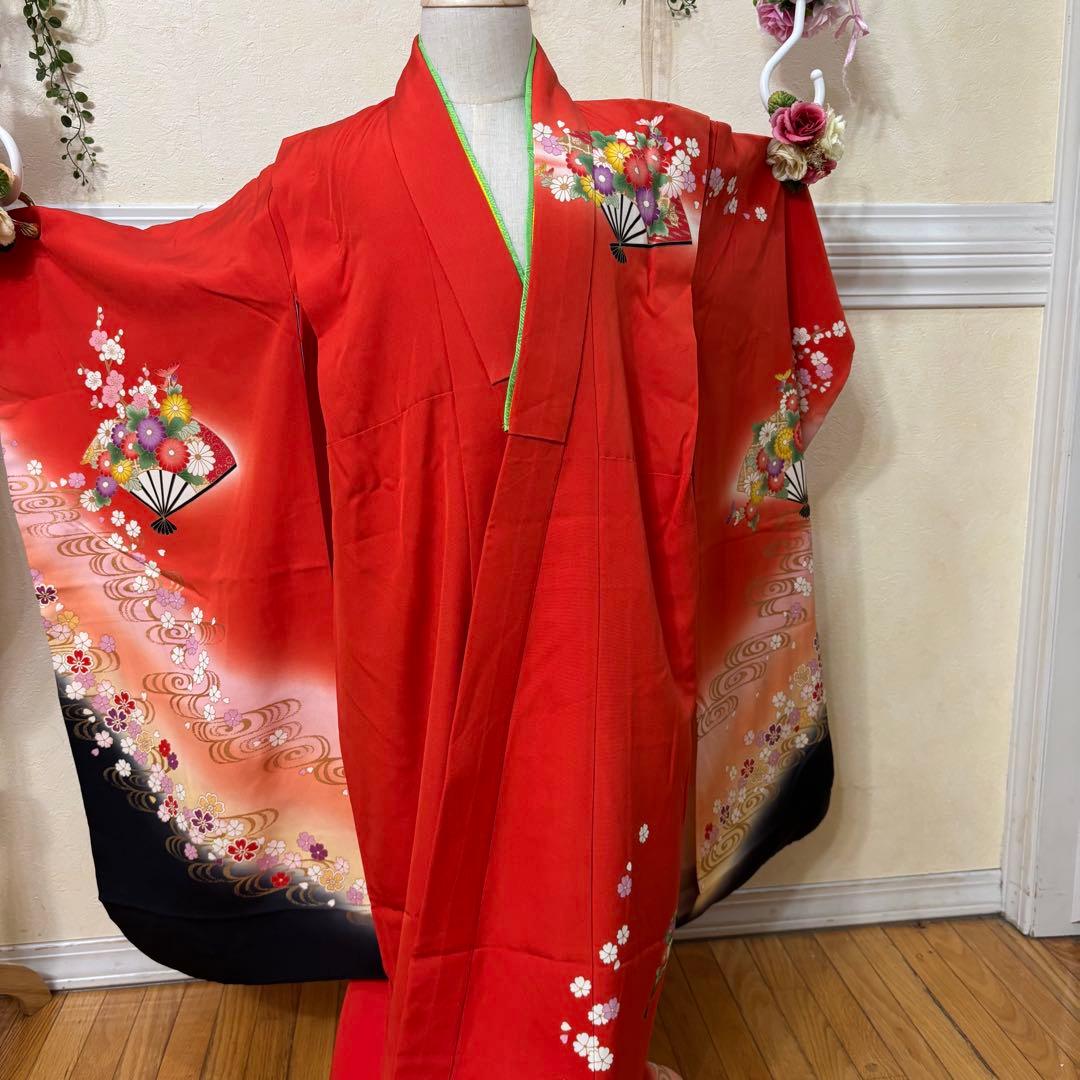 七五三 女子着物 7歳赤地暈し‼️豪華扇花々金彩金箔絢爛完全フルセット‼️