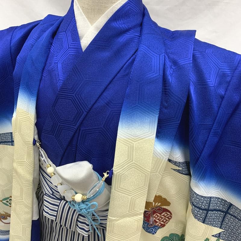 511ab5■七五三 五歳 男児 着物&羽織&袴&角帯 鼓 金駒刺繍■美品