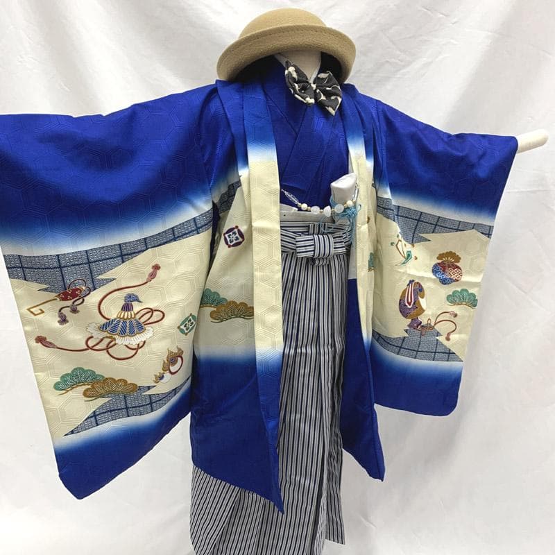511ab5■七五三 五歳 男児 着物&羽織&袴&角帯 鼓 金駒刺繍■美品