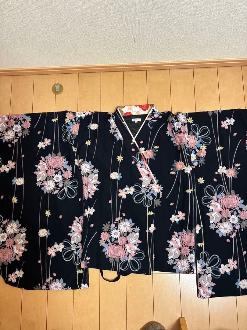 キャサリンコテージ　黒着物×えんじ袴（140cm）　着付けセット　卒業式