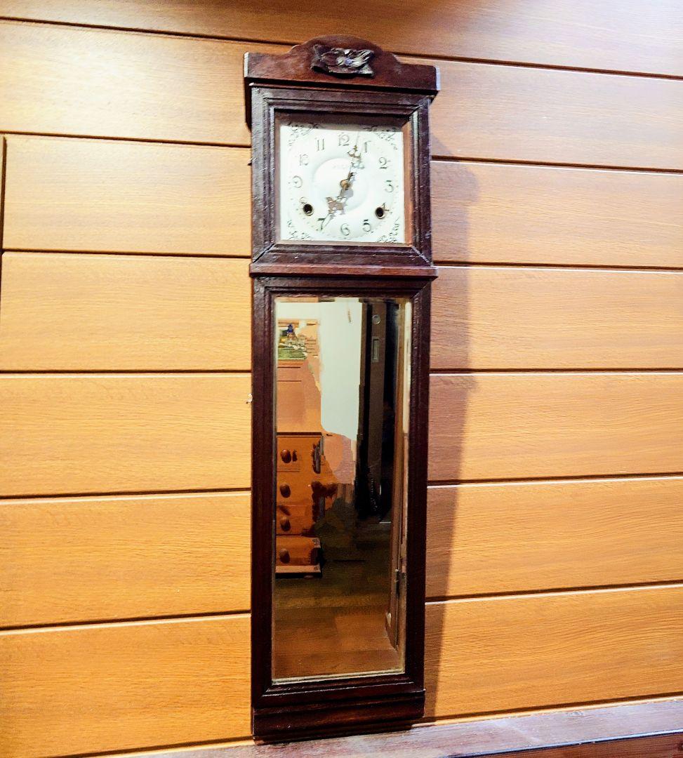 〈完動美品〉珍品　英工舎LIGHT印　鏡付き傾斜型ゼンマイ振り子掛け時計　古時計