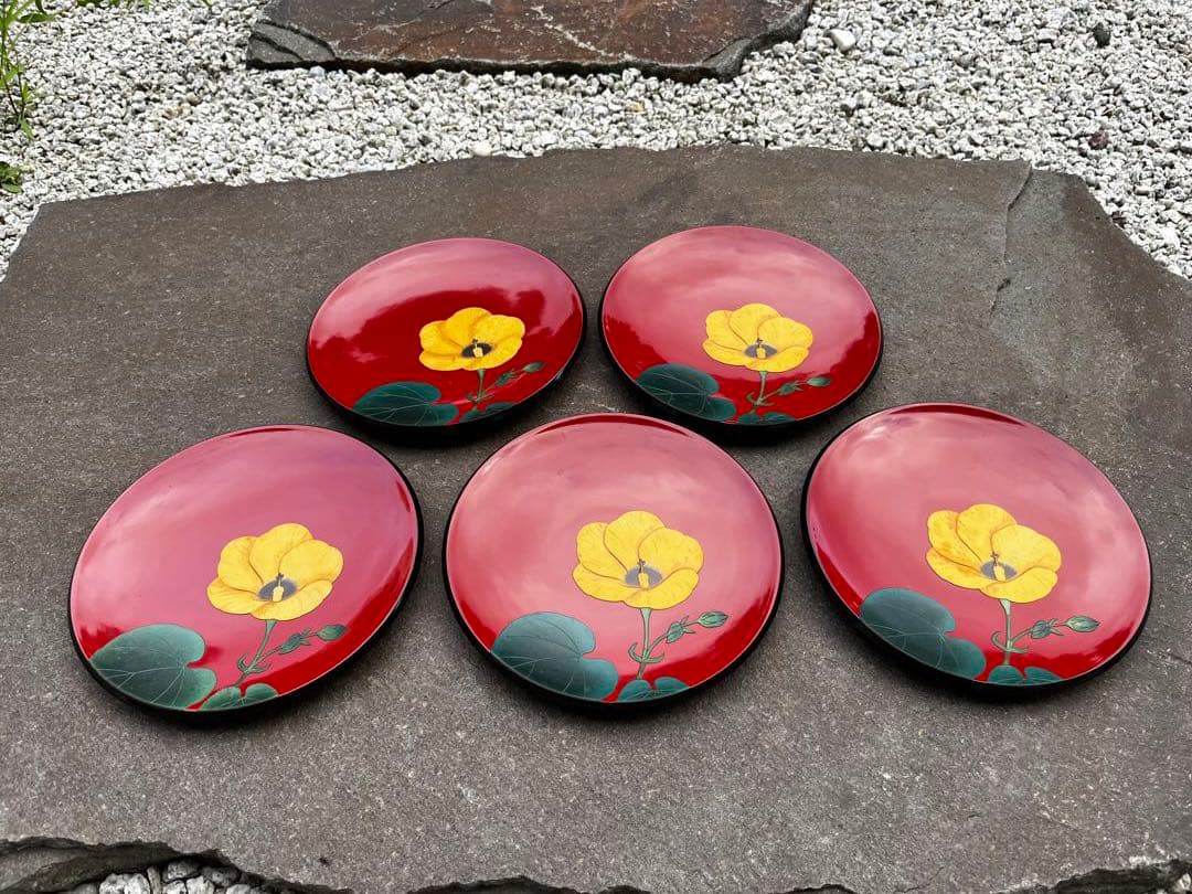 超美品　琉球漆器　bemgo 紅房　べんぼう　平皿　ゆうなの花　5枚セット