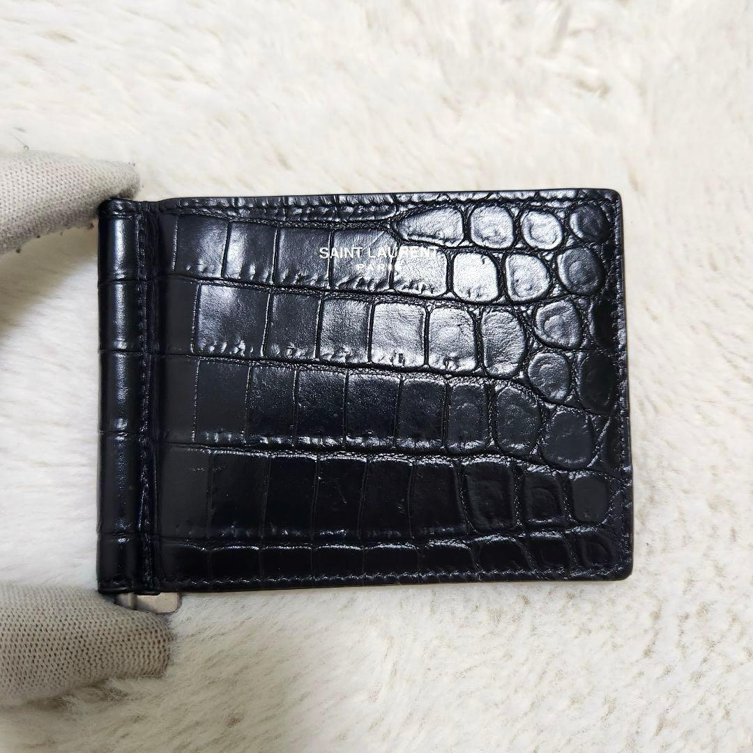 ✨新品未使用　付属品あり✨サンローラン　マネークリップ　二つ折り　クロコ　黒